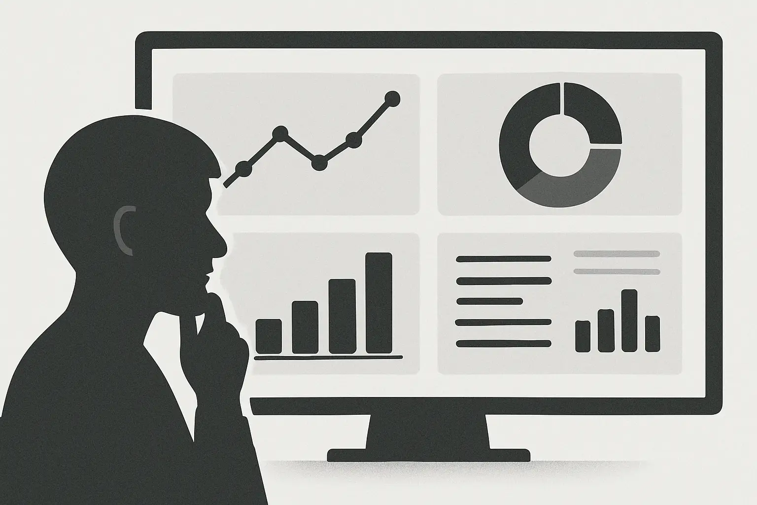 Monochrome dashboard scene showing the silhouette of a person analyzing data on a large screen. The display includes stylized charts: a pie chart, bar graph, line graph, and a table.