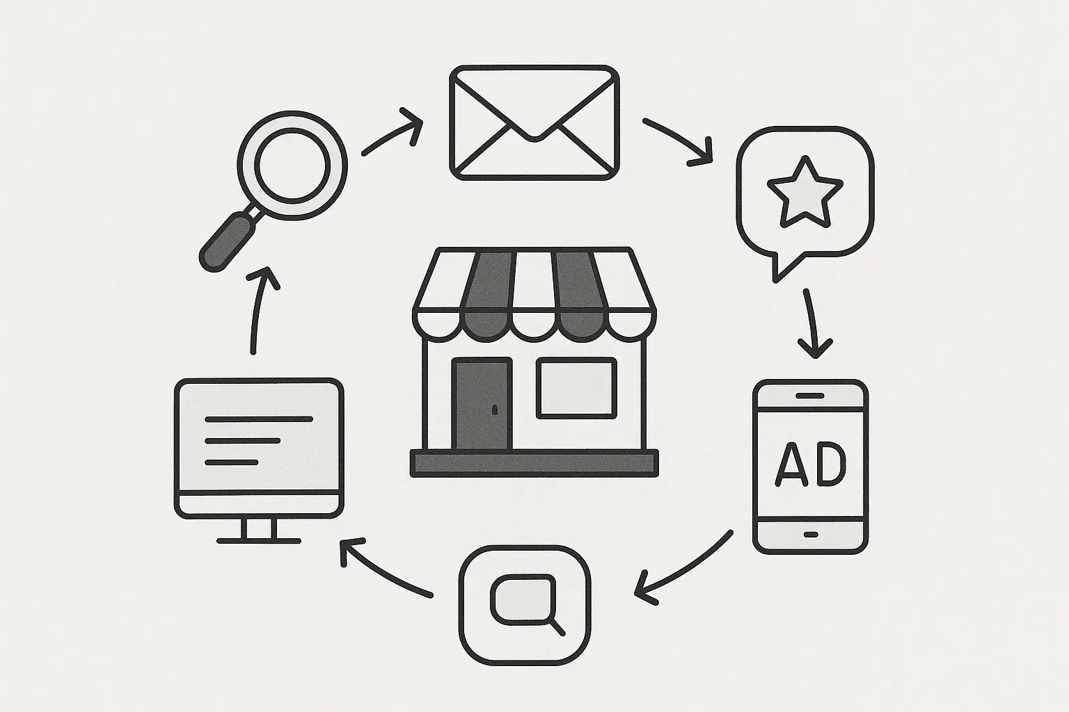 Monochrome concept art showing interconnected icons—search, email, social media, website, and mobile ads—arranged in a circular pattern around a small storefront icon, with arrows indicating continuous flow.