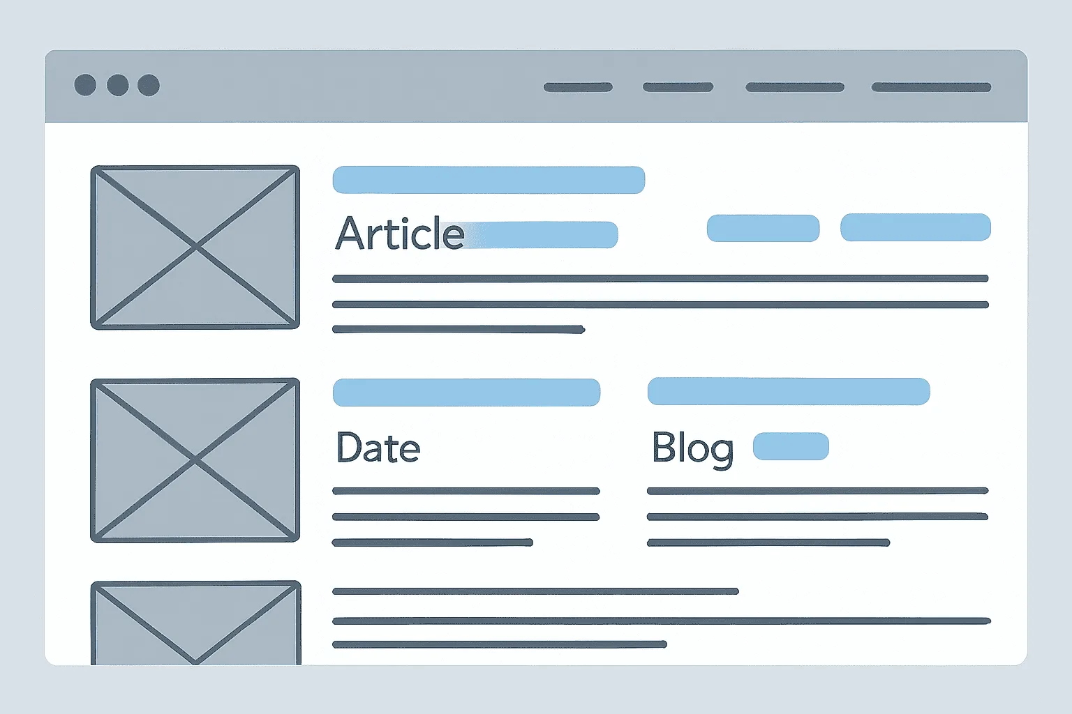 A grayscale flat-design website wireframe showing a blog section layout with placeholders for article images, titles, dates, and tags, accented with light blue highlights.