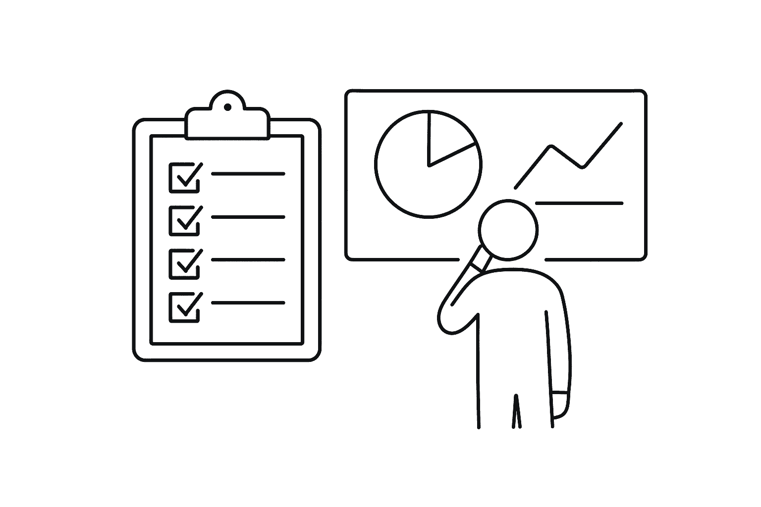 Person looking at charts and graphs on a screen with a checklist clipboard beside them.